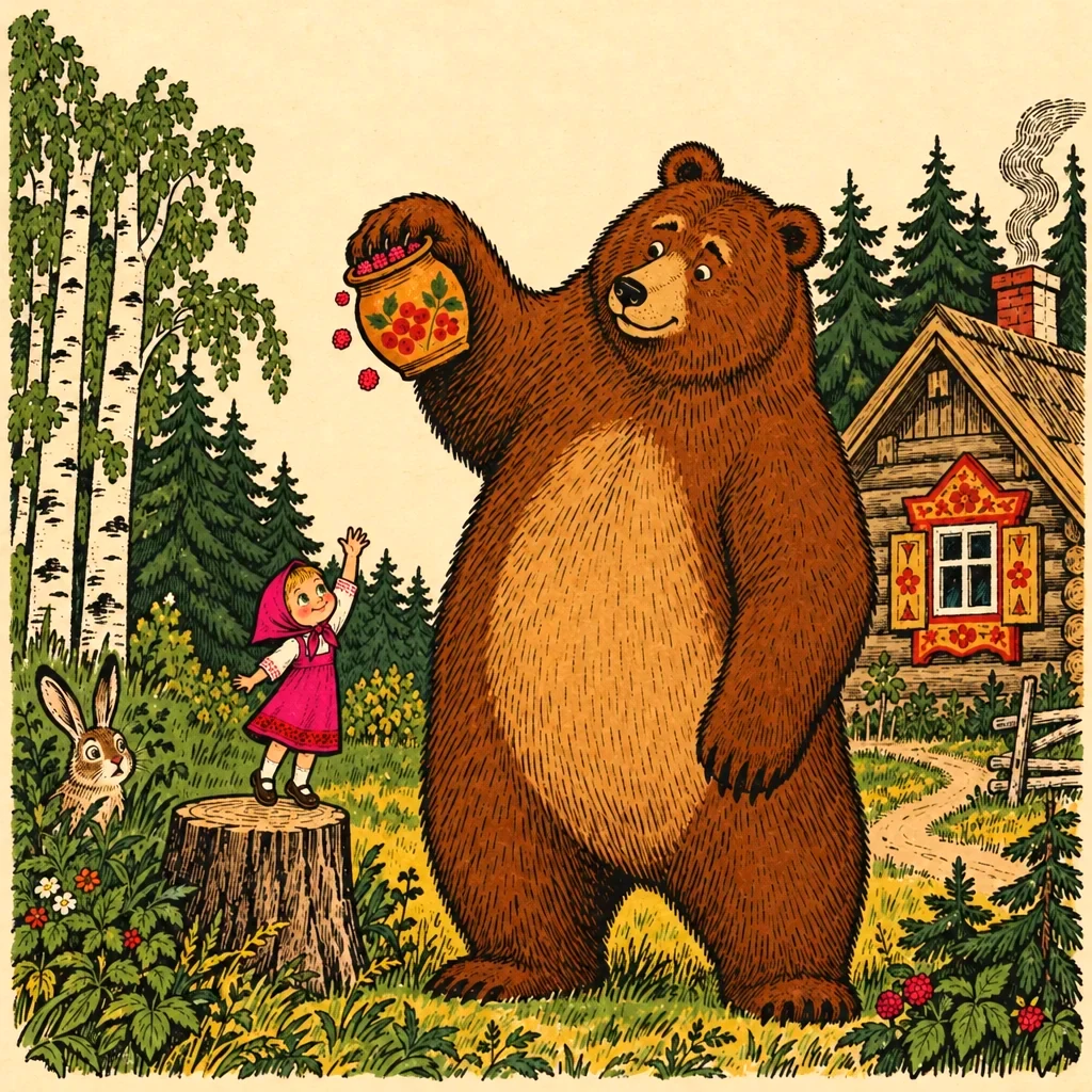 Lubok: Masha in a pink headscarf reaches up from a stump toward a pot of raspberry jam that the huge brown Bear holds over his head, by his hut in the forest.